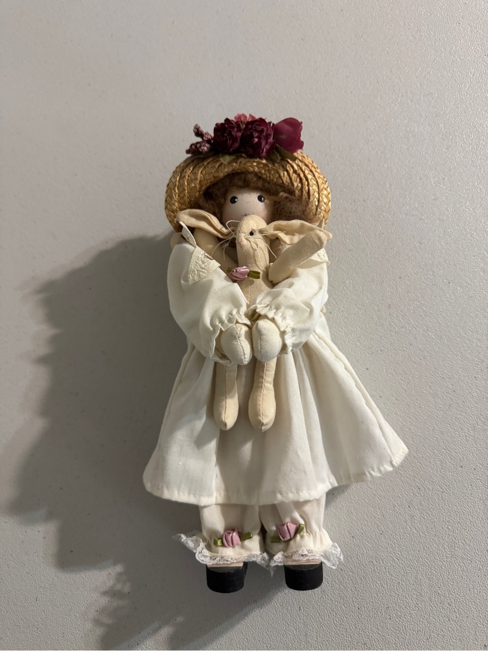 Cream Wood and Fabric Doll with Straw Hat and Pink Floral Accents